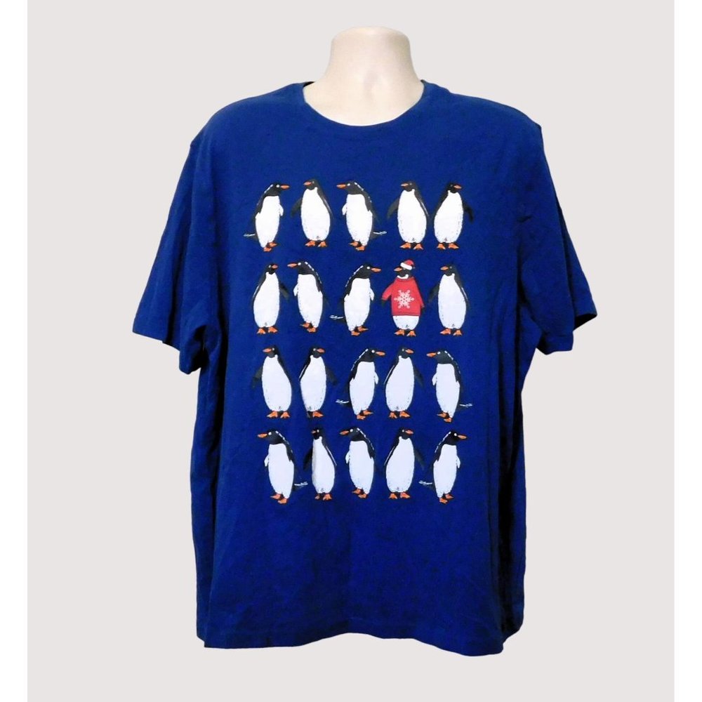 Holiday Penguin Tee Shirt XXL Blue Short Sleeve M & S Christmas Winter NEW